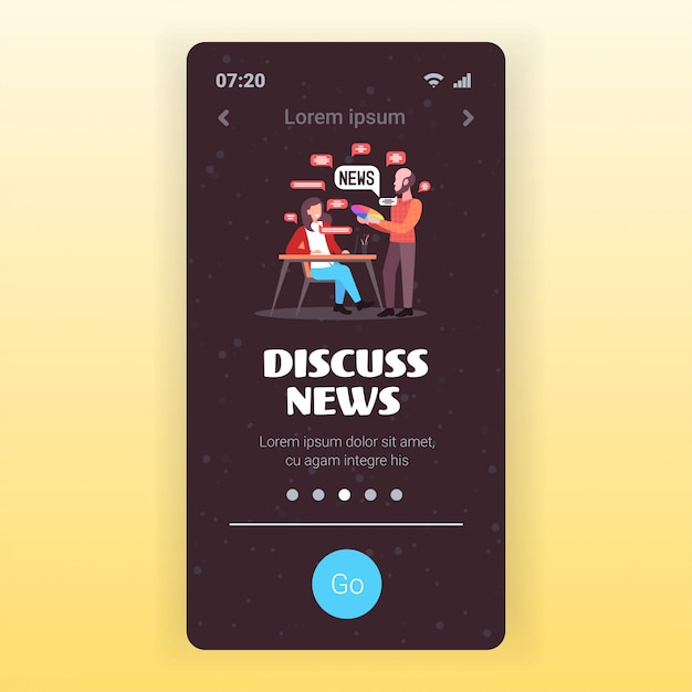 ontwerpers paar chatten tijdens vergadering bespreken dagelijks nieuws chat bubble communicatieconcept smartphone scherm mobiele app-sjabloon