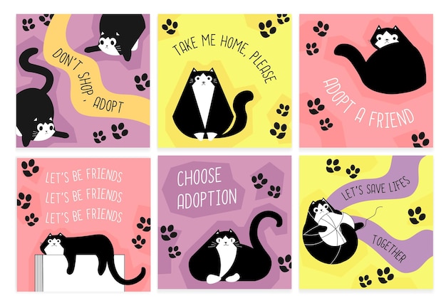 Ontwerpset voor sociale media met concept voor adoptie van katten
