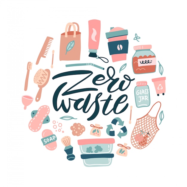 Ontwerpset Zero Waste. Geen Plastic and Go Green-concept in cirkelvorm. Eco lifestyle spullen teken en symbool collectie.