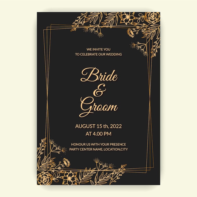 Ontwerpsjablonen voor gouden bloemen bruiloft uitnodigingskaart