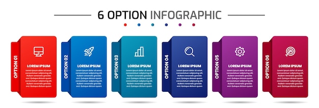 Ontwerpsjablonen voor infographic elementen met pictogrammen en 6 opties geschikt voor workflow voor presentaties