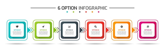 Ontwerpsjablonen voor infographic elementen met pictogrammen en 6 opties