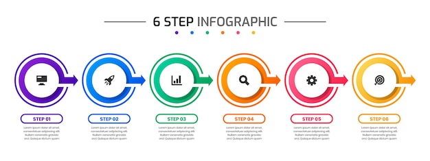 Ontwerpsjablonen voor infographic elementen met pictogrammen en 6 stappen