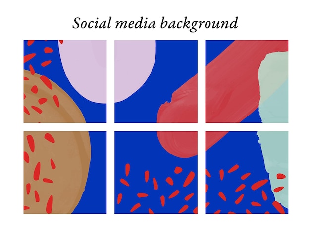 Ontwerpsjablonen voor posts op sociale media met abstracte vormen, penseelvlekken in rood, roze, goud en blauw met ruimte voor tekst en afbeeldingen