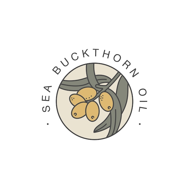 Ontwerpsjabloon en embleem - gezonde en cosmetica-olie. sea bucthorn natuurlijke, biologische olie. kleurrijk logo in trendy lineaire stijl.