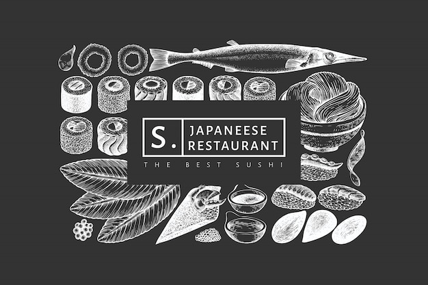 Ontwerpsjabloon japanse keuken. sushi hand getekende illustratie op schoolbord. retro stijl aziatisch eten achtergrond.
