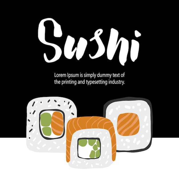 Ontwerpsjabloon met sushi set Illustratie op zwarte frame achtergrond