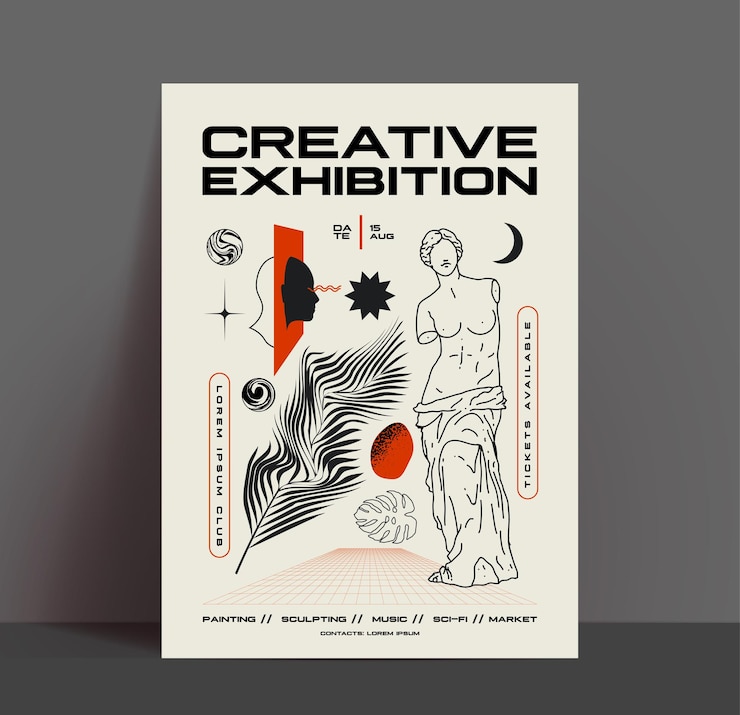 Vector ontwerpsjabloon voor creatieve tentoonstellingsflyer of poster met abstracte kunstelementen en vormen