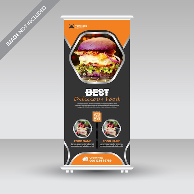 Vector ontwerpsjabloon voor eten en restaurant roll-up banner premium vector