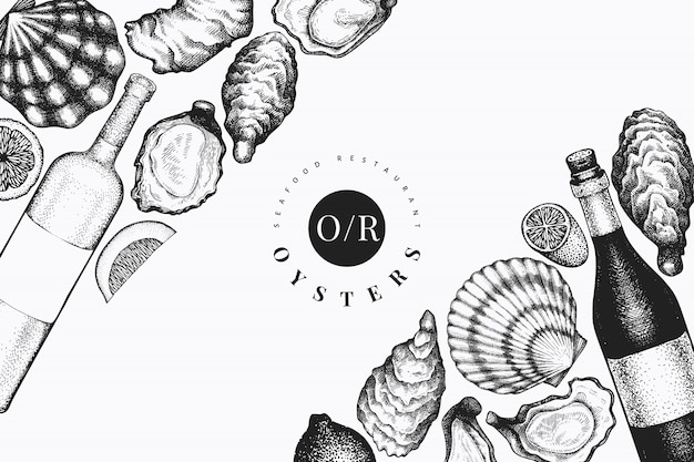 Ontwerpsjabloon voor oesters en wijn. hand getekende vector illustratie. zeevruchten banner. kan worden gebruikt voor ontwerpmenu, verpakkingen, recepten, etiket, vismarkt, zeevruchten.