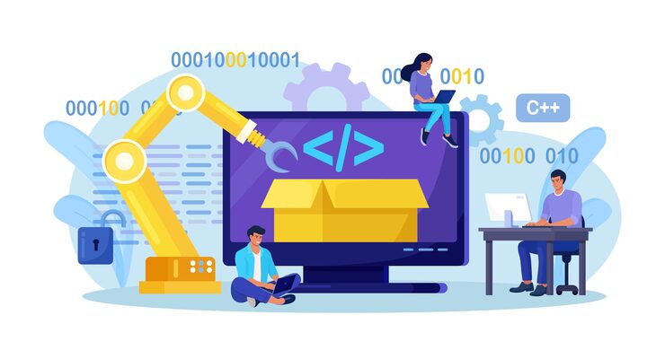 Vector ontwikkelaars die softwarescript maken op de computer met open robotic soft open automatiseringsarchitectuur open source gratis ontwikkeling programmeurs die website programmeren voor internetplatform