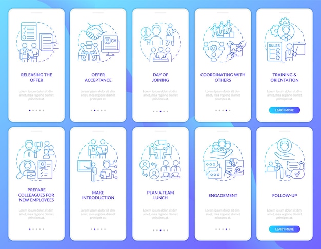 Ontwikkelen van werknemersintegratie met blauwe gradiënt onboarding mobiele app-schermset