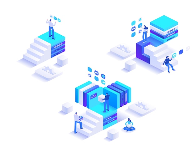 Vector ontwikkeling vanaf het begin abstract isometrisch concept mensen klimmen de carrièreladder op zakelijke vooruitgang en succesvolle strategie systeemuitbreiding vectorkarakterillustratie in isometrisch ontwerp