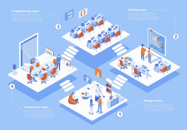 Ontwikkelingsbedrijf concept 3d isometrische webscène met infographic Mensen werken op verschillende programmeer- en engineeringafdelingen op het kantoor van het bureau Vector illustratie in isometry grafisch ontwerp