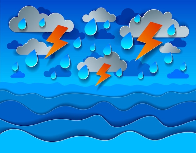 Onweer met bliksem over de zee met bochtige golven regenachtig weer, perfecte moderne vectorillustratie in papier gesneden 3D-stijl.