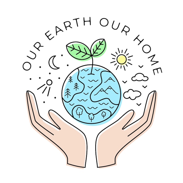 Onze aarde ons huis Handen die de planeet vasthouden Eco vectorillustratie Hand getrokken schets doodle stijl