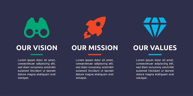 Vector onze visie, missie en waarden banner infographic ontwerpsjabloon.
