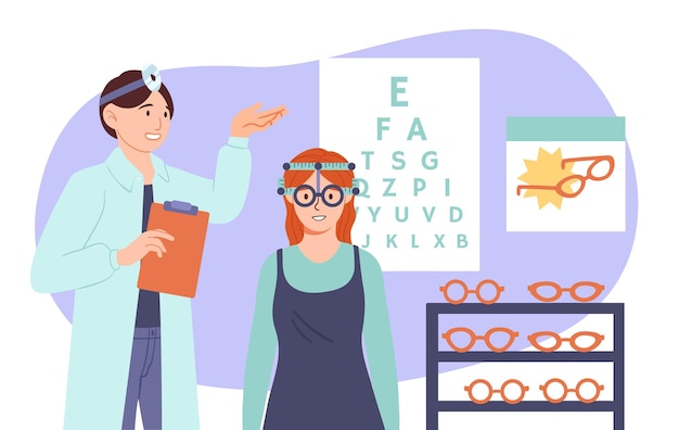 Oogarts en vrouw concept Arts met patiënt Jong meisje controleert haar gezichtsvermogen Diagnose gezondheidszorg en behandeling Karakter kiest bril Cartoon platte vectorillustratie