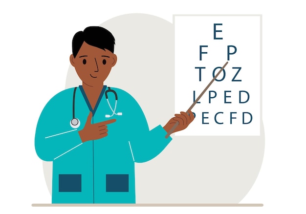 Oogarts in de buurt van de zichttesttafel Diagnose en oogonderzoek Optometrist controleert het gezichtsvermogen en kiest een bril