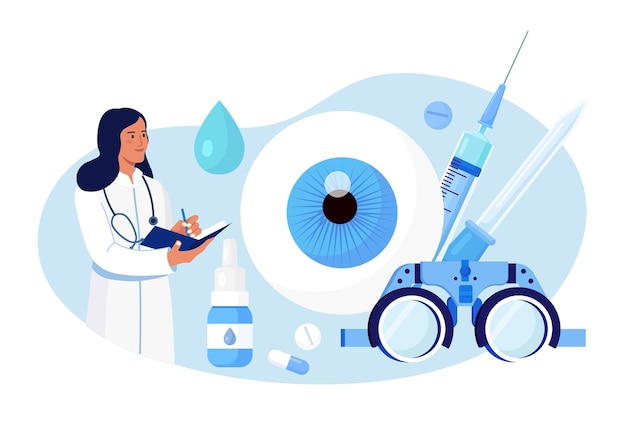 Vector oogheelkunde geneeskunde en optisch gezichtsvermogen onderzoek. idee van oogzorg en visie. oogarts arts test bijziendheid. correctie van het gezichtsvermogen van de patiënt, behandeling met pillendruppels en glazen