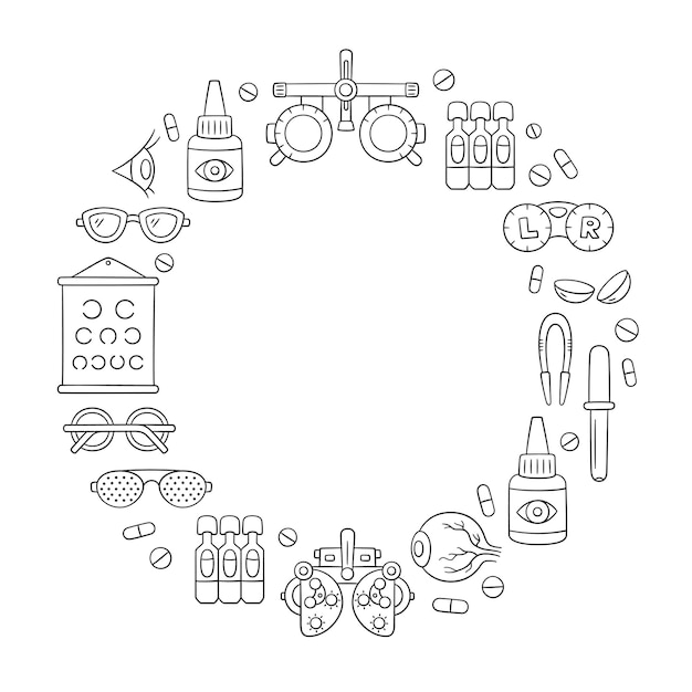 Vector oogheelkunde hand getekende set. contactlens, oogbol, bril, phoropter en meer. optometrie doodle objecten in ringvorm. vectorillustratie op witte achtergrond