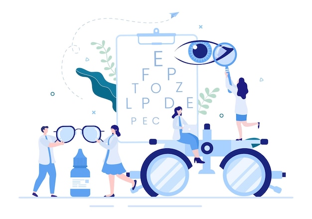 Vector oogheelkunde van het gezichtsvermogen van de patiënt optische ogentest en het kiezen van een brillens in de afbeelding