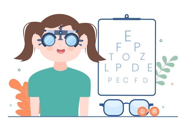 Vector oogheelkunde van het gezichtsvermogen van de patiënt optische ogentest en het kiezen van een brillens in de afbeelding