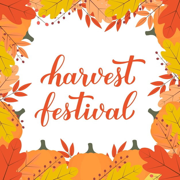 Oogstfeest kalligrafie belettering met kleurrijke herfstbladeren pompoenen en bessen Vector sjabloon voor banner typografie poster flyer briefkaart logo ontwerp enz