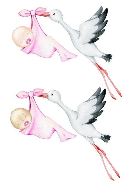 Ooievaars houden baby's in hun snavels in een vel van verschillende rassen Aquarel set mensen en dieren in tekenfilmstijl