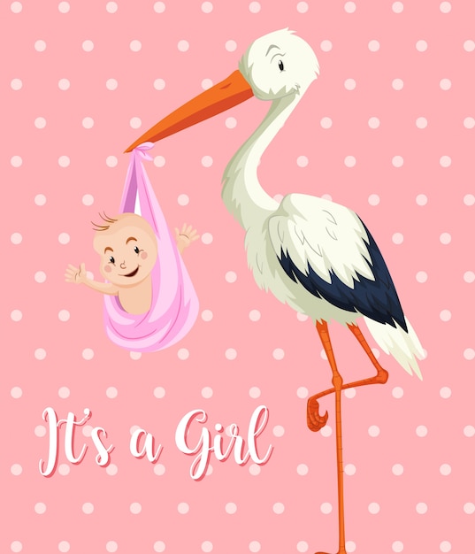 Ooievaarsbaby met babymeisje op roze achtergrond