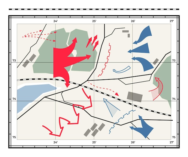 Oorlogskaart Geografie vechten verdedigingsplan met navigatie pijlpictogrammen verkenning aanval wijzers cartografie topografie concept Vectorillustratie