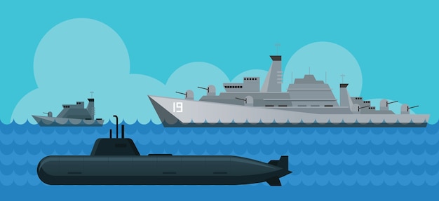 Oorlogsschip, marine, patrouilleschip en onderzeeër, zijaanzicht, zee