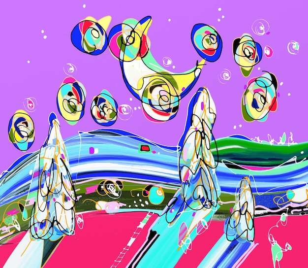 Oorspronkelijk kunstwerk winter abstract digitaal schilderij kleurrijk landschap van de nacht met maan sterren