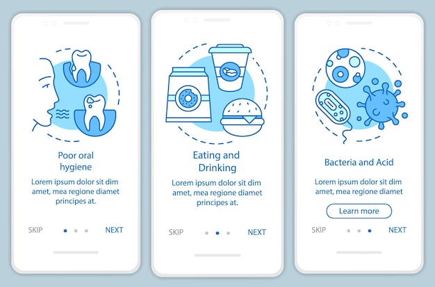 Oorzaken van tandziekten aan boord van het paginascherm van de mobiele app met lineaire concepten. waarom tanden worden vernietigd walkthrough stappen grafische instructies. ux, ui, gui vectorsjabloon met illustraties