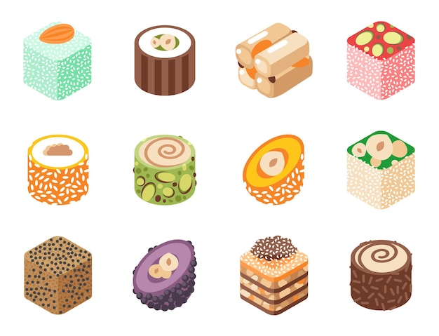 Oost heerlijk dessert geïsoleerd op wit snoep voedsel zoetwaren zelfgemaakte assortiment vector illust...