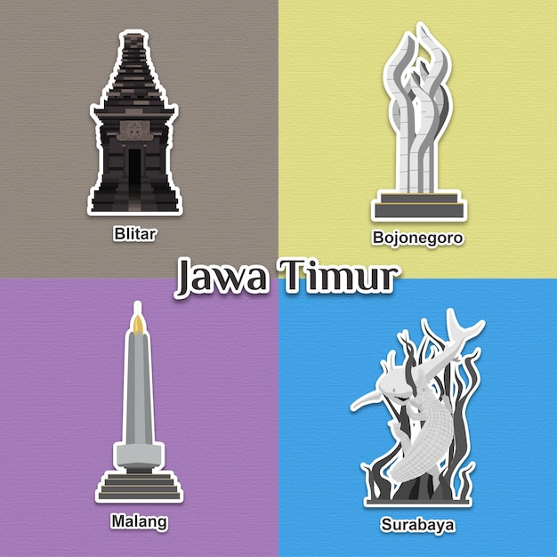 Oost-java-oriëntatiepuntenverzameling uit indonesië vector premium vector