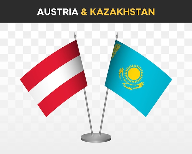 Oostenrijk vs Kazachstan bureauvlaggen mockup geïsoleerde 3d vector illustratie tafelvlaggen