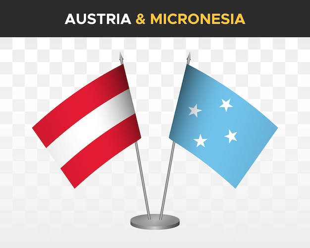 Oostenrijk vs micronesië bureau vlaggen mockup geïsoleerde 3d vector illustratie tafel vlaggen