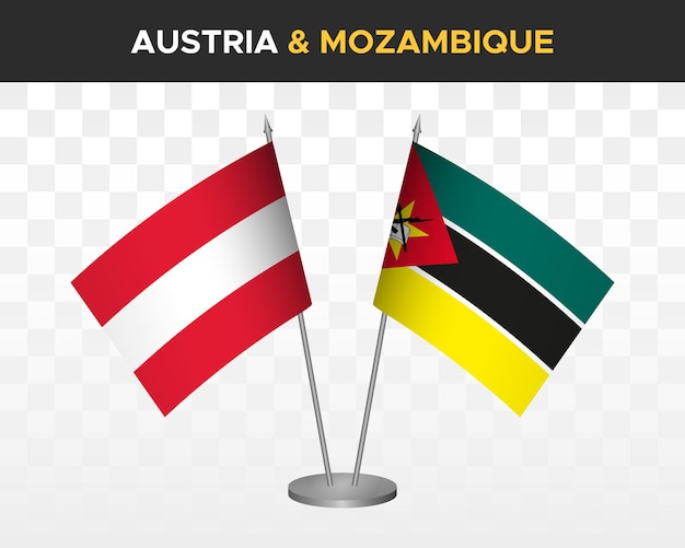 Oostenrijk vs mozambique bureauvlaggen mockup geïsoleerde 3d vector illustratie tafelvlaggen