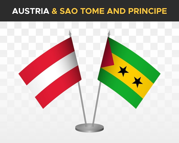 Oostenrijk vs Sao Tomé principe Bureau vlaggen mockup geïsoleerde 3d vector illustratie tafel vlaggen