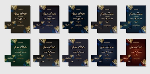 Oosterse set collectie geïllustreerd mega bundel gouden elementen geometrische elegante luxe koninklijke bruiloft uitnodigingskaart ontwerp met kleurvariaties flyer kaart