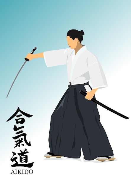 Oosterse vechtsporten Aikido Gekleurde 3D-vectorillustratie Vertaal Japans aikido