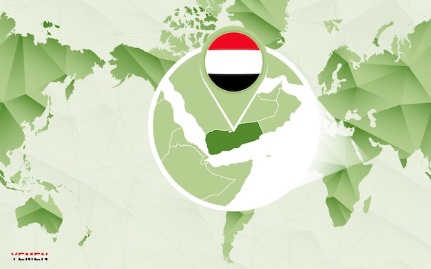 Op Amerika gerichte wereldkaart met vergrote kaart van Jemen