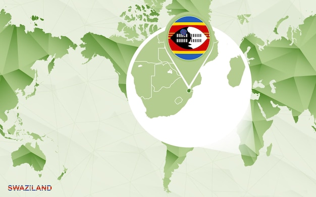 Op Amerika gerichte wereldkaart met vergrote kaart van Swaziland
