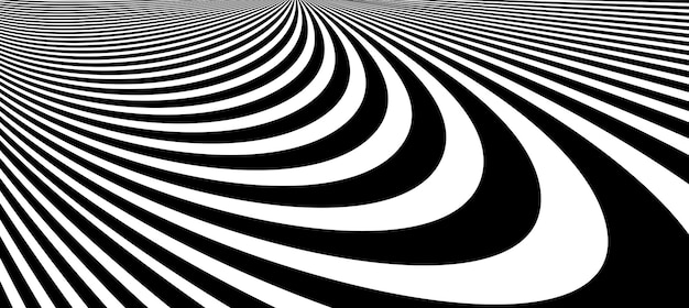 Op-art vervormde perspectief zwarte en witte lijnen in 3D beweging abstract vector achtergrond, optische illusie krankzinnig lineair patroon, artistieke psychedelische illustratie.