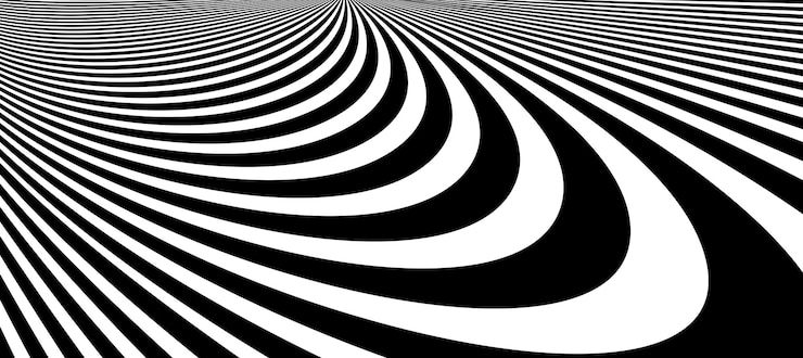 Vector op-art vervormde perspectief zwarte en witte lijnen in 3d beweging abstract vector achtergrond, optische illusie krankzinnig lineair patroon, artistieke psychedelische illustratie.