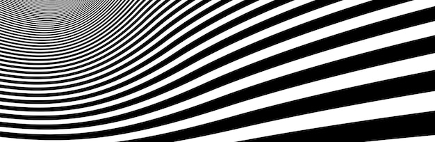 Op-art vervormde perspectief zwarte en witte lijnen in 3D beweging abstract vector achtergrond, optische illusie krankzinnig lineair patroon, artistieke psychedelische illustratie.