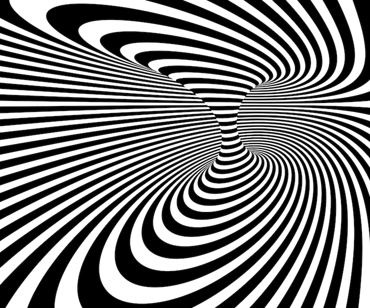 Vector op art verwrongen perspectief zwarte en witte lijnen in 3d beweging abstracte vector achtergrond optische illusie krankzinnige lineaire patroon artistieke psychedelische illustratie