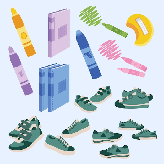 Op een blauwe achtergrond wordt een verzameling schoenen en kleurpotloden getoond