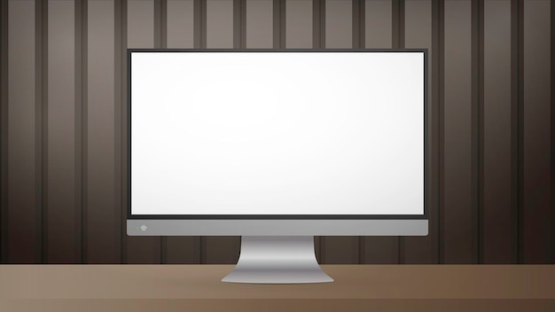 Op een tafel staat een monitor met een wit scherm. Gestreepte bruine realistische poster Achtergrond met metaal of glanzend hout. Realistische vector.